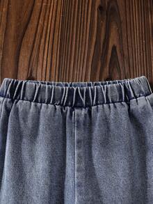 Girls' Pink Stretchy Short Sleeve Denim Jeans, Soft Washed Straight Leg Wide Leg Pants With Bow, Versatile Loose Fit Spring Autumn Outfit Set - Pink - View 6