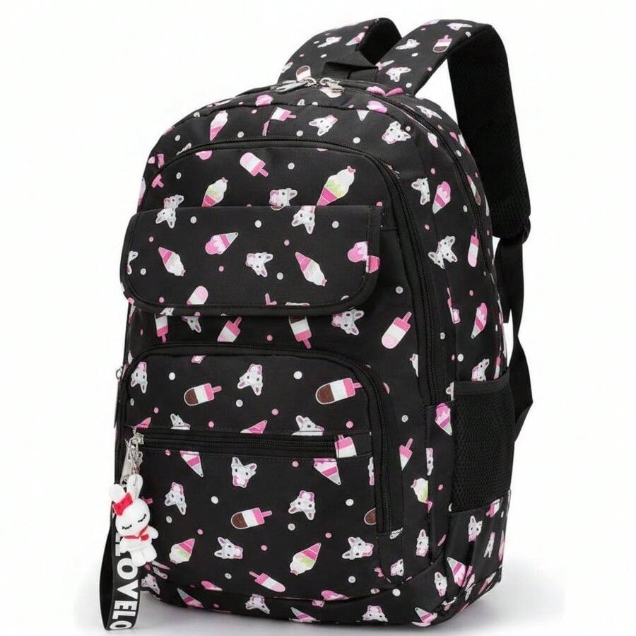 Girls' School Backpack, Reinforced Polyester Youth Bag - YT-1306 Black With Details - View 1