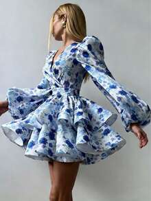 Solstice Apparel Blue Rose Print Backless Mini Dress, Layered Ruffle V-Neck Puff Sleeve Dress, Romantic Elegant Style, Suitable For Weddings, Garden Parties, Beach And Music Festivals, Spring/Summer - Blue - View 4