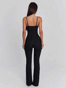 Sexy & Fashionable Versatile Hollow Lace & Ribbon Design Adjustable Strap Jumpsuit, Suitable For Spring/Summer Vacation Wear - Black - View 3