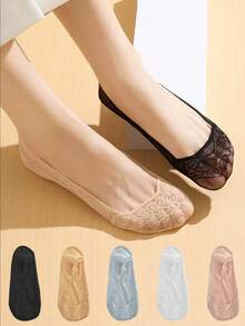 1/5/10 双装女士夏季船袜，轻薄舒适，镂空网眼透气，凉爽蕾丝不易脱落。 - 彩色 - 查看 3