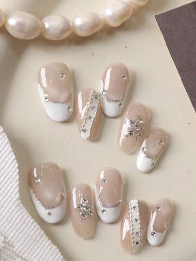 10pcs Press On Nails Short Acrylic Nail Kit White French Style Flash Diamond Heavy Industry Fake Nails Short Office DailyWear False Nails Artificial Nails Kit Includes 1sheet Adhesive Tabs &1 Pc Mini File