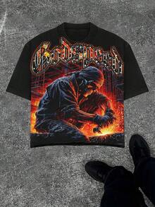Industrial Skull Welder Worker Graphic Men's Crew Neck Oversized Short Sleeve T-Shirt - Breathable Cotton Fabric, Godspeed Rhinestone Slogan, Grunge Industrial Vibe, Perfect For Workwear & Casual Outings, Bold Blue-Collar Statement Piece, Mens Industrial Tee, Street Fashion, Gift For Mechanics, Camisas Para Hombre - 黑色 - 查看 1