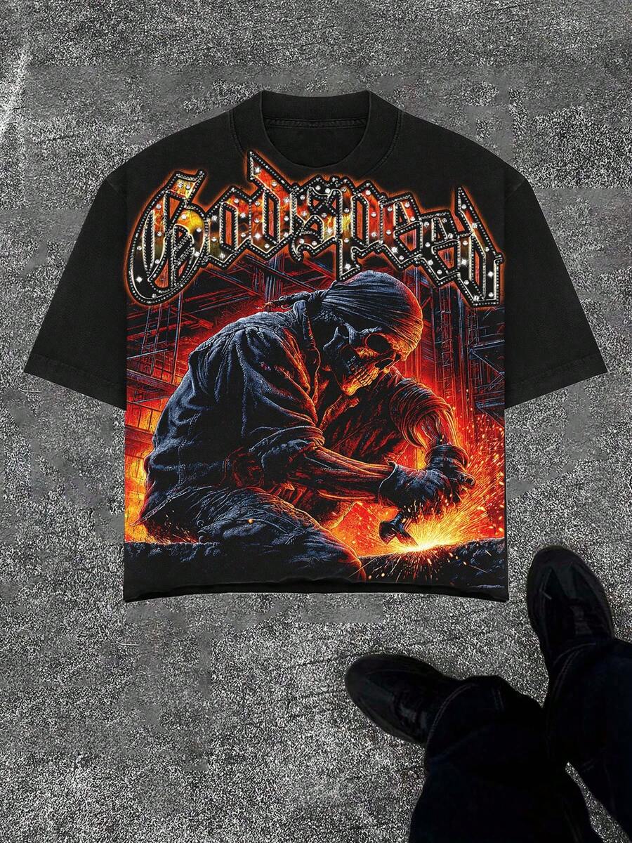 Industrial Skull Welder Worker Graphic Men's Crew Neck Oversized Short Sleeve T-Shirt - Breathable Cotton Fabric, Godspeed Rhinestone Slogan, Grunge Industrial Vibe, Perfect For Workwear & Casual Outings, Bold Blue-Collar Statement Piece, Mens Industrial Tee, Street Fashion, Gift For Mechanics, Camisas Para Hombre - 黑色 - 查看 1