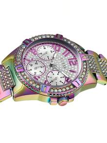 GUESS Mode farbiger Edelstahl Strass Quarz Uhr für Frauen, elegantes multifunktionales Zifferblatt, perfektes Geschenk für sie. GW0044L1 - Farbverlauf + Gold - Übersicht 8