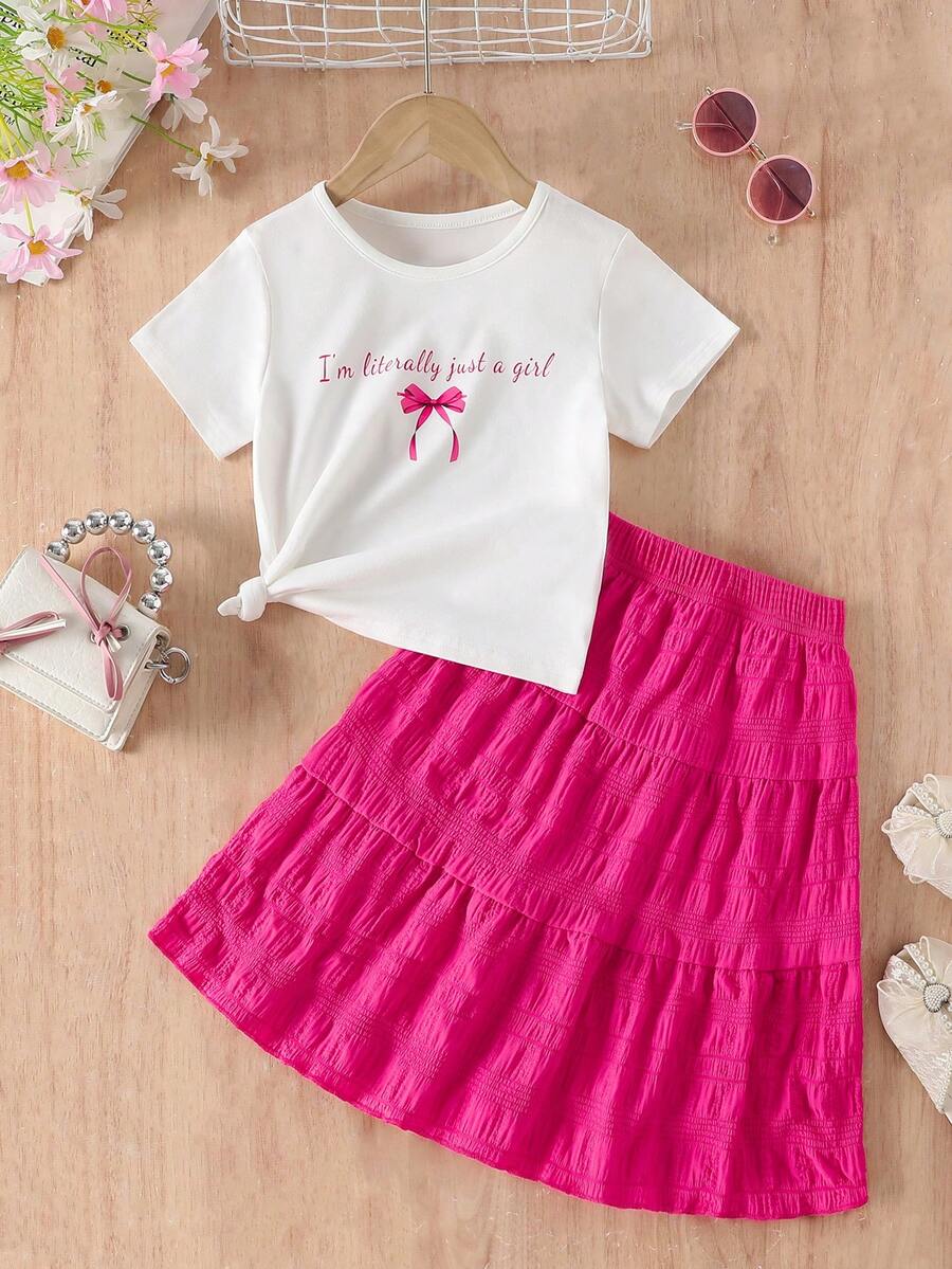 Girls' Fashion Round Neck Short Sleeve Printed Top And Elastic Waist Layered Ruffle Hem Long Skirt 2 Pieces Set, Spring/Summer - Hot Pink - View 1