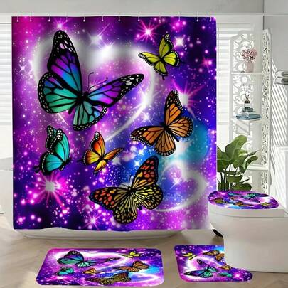 1 Set Shiny Purple Butterfly Bathroom Decor Set, Including Non-Electric Woven Toilet Seat Cover & Tank Cover, Non-Slip Polyester Bath Mat, Waterproof Bathroom Decorative Set With 12 Plastic Hooks (1/4 Piece)