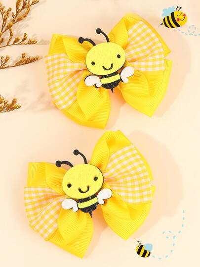 2PCS Bee Hair Bows For Girl's Checkered Bow Hair Clip Yellow Spring/Summer Hair Barrettes Fashion Hair Clip Suitable For Daily And Party Hairpins Teens Hair Accessories