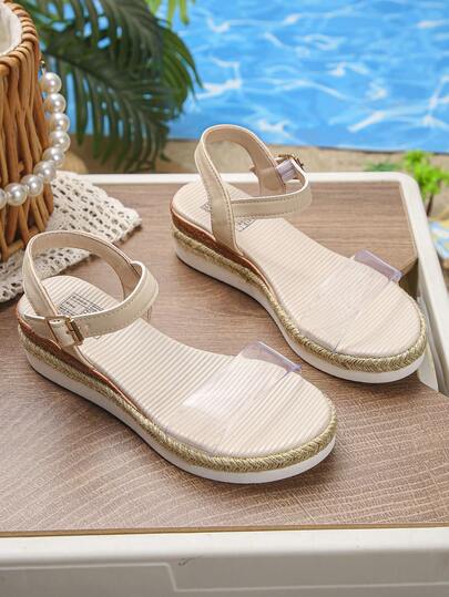 1双女童夏季时尚高跟凉鞋，简约透明绑带，厚底，舒适搭扣，适合女孩度假、日常穿着、海滩，厚底坡跟凉鞋