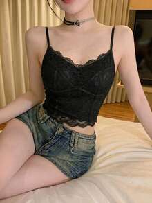 Black Lace Fishbone Camisole For Women With Padded Bust, Slim Fit Sexy Backless Undershirt, Spring - Black - View 2