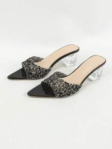 Mules de mujer negras con strass, punta puntiaguda, tacón de bloque de cristal transparente, espalda abierta, sin cordones, tacones altos para boda, fiesta de noche - Negro - Ver 8