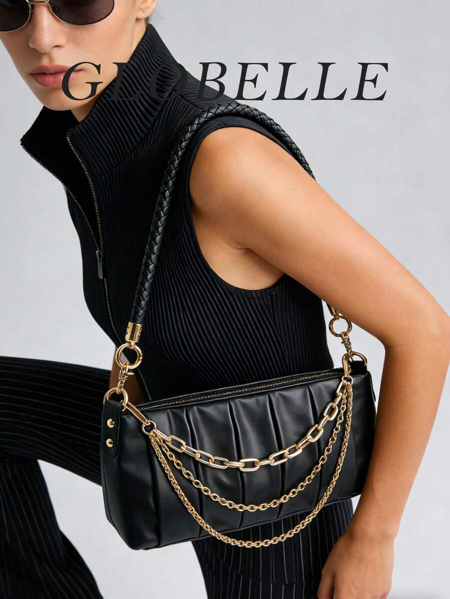 Women's Pleated Shoulder Bag, Fashionable Black Faux Leather Handbag With Multi-Layer Gold Chain Decor And Woven Strap, Suitable For Office, School, Business, Commuting, Outdoor, Travel, Work, Shopping, Gift For Friends, Casual Travel And Vacation, Matching Simple Outfits For Outdoor Leisure And Shopping - Black - View 1