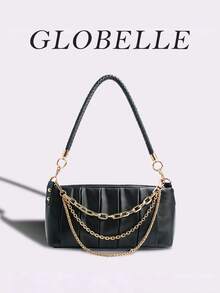 Women's Pleated Shoulder Bag, Fashionable Black Faux Leather Handbag With Multi-Layer Gold Chain Decor And Woven Strap, Suitable For Office, School, Business, Commuting, Outdoor, Travel, Work, Shopping, Gift For Friends, Casual Travel And Vacation, Matching Simple Outfits For Outdoor Leisure And Shopping - Black - View 13