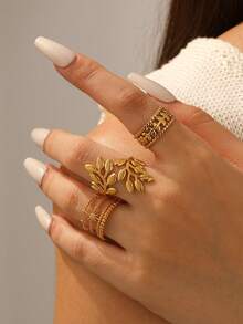 COINBUFF 3pcs Elegant Luxury Leaf & Star Stainless Steel Gold-Plated Adjustable Ring Set, Suitable For Women's Daily Wear - As Shown - View 1