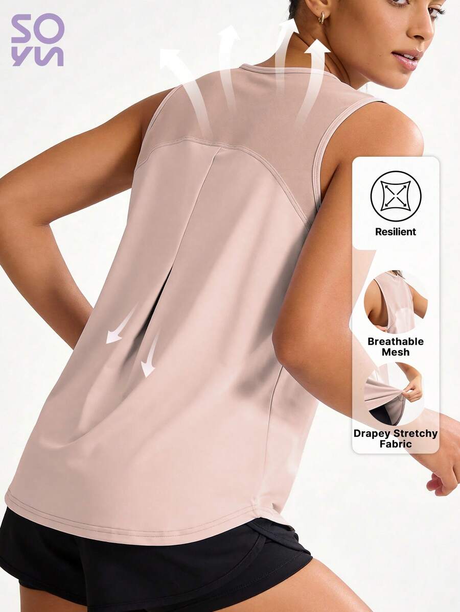 Soyun Camiseta de tirantes holgada para mujer, diseño de empalme de malla, ropa deportiva casual transpirable y ligera adecuada para yoga, correr, fitness, actividades al aire libre en verano - Rosa Pálido - Ver 1