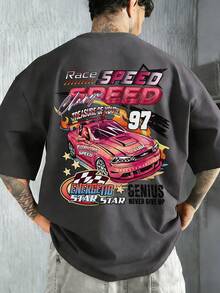 Men's Fashionable Casual Street Style Loose Short-Sleeved T-Shirt | Racing Car & Letter Print | Exquisite Design | Spring/Summer Must-Have | Basic Style, Versatile And Easy To Wear, Showcasing Your Personal Style. - Dark Grey - View 2