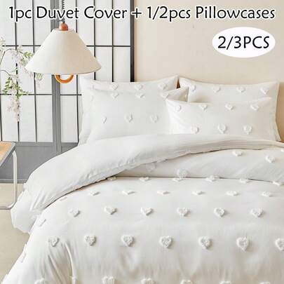 2/3 st. vitt hjärtmönster med broderi, påslakanset i bohemiskt enfärgat, enkelt påslakanset med örngott, lämpligt för alla årstider, mjukt och andningsbart, maskintvättbart, perfekt present, sovrumsinredning (1 påslakan + 1/2 örngott, utan fyllning)