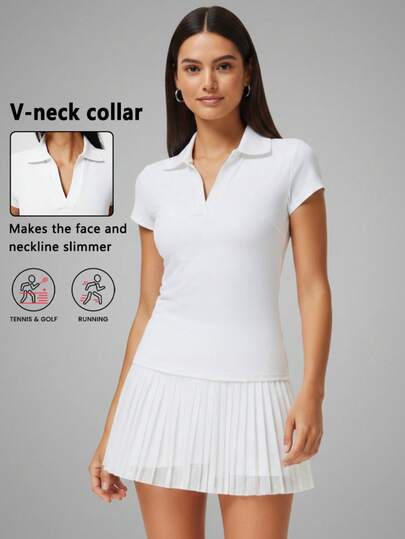 女士纯色V领休闲运动Polo衫，速干跑步健身短袖T恤，户外高尔夫网球专业运动服