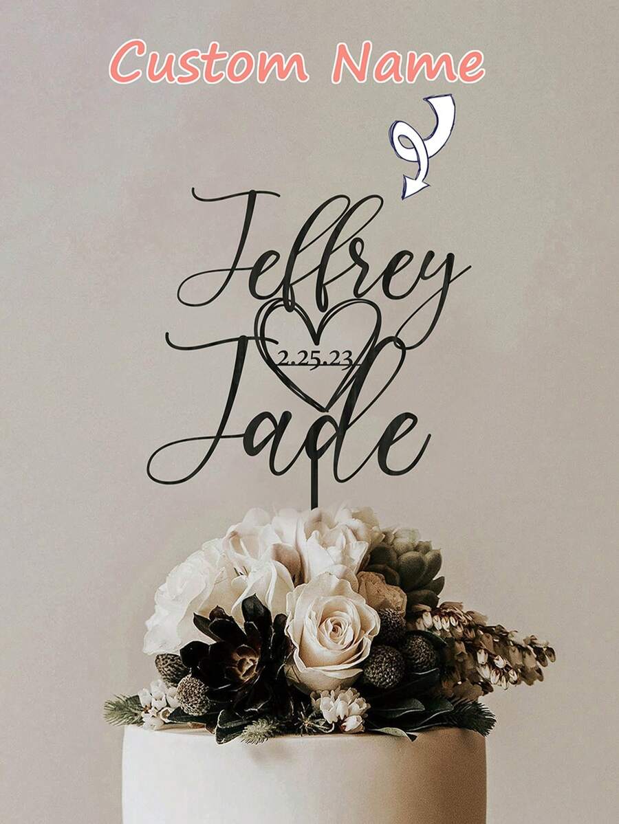 Custom Wedding Cake Topper With Heart & Date, Personalized Wood & Mirror Acrylic Cake Decoration, Custom Name Wedding Cake Topper, Anniversary Cake Topper, Bridal Shower, Engagement Party, Birthday, Cake Decor, Wedding Reception Keepsake, Unique Gift - A-heart Wedding Cake Hat - View 1