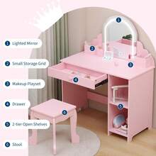 Tocador Infantil para Niñas con Espejo con Luz LED y Taburete, Mesa de Maquillaje con Brillo Ajustable, Cajón y Estantes de Almacenamiento, Regalo para Niñas de 3 a 9 Años - Rosa - Ver 4