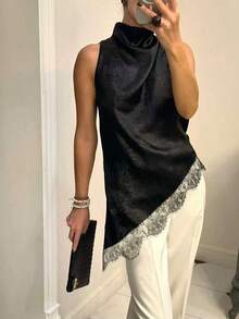 Women's Funnel Neck Polyester Camisole, Asymmetric Hem, Contrast Lace Detail, Regular Length Casual Black Summer - Black - View 5