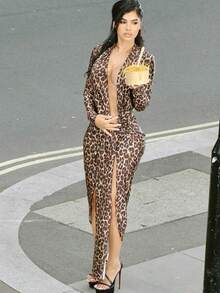 Fashionable Temperament, Slim Fit, Hip Hugging, Wild Women's Clothing, Sexy Leopard Print, Deep V Slit, Pleated Waist, Long Sleeved Dress - 豹紋 - 查看 2