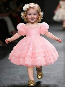 女婴蝴蝶印花薄纱缎面泡泡袖荷叶边连衣裙，优雅精致的花童礼服，适合生日派对，不含头饰 - 粉色 - 查看 4