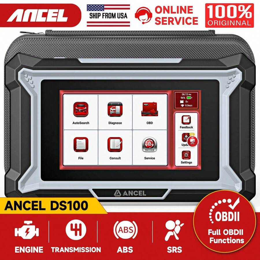 ANCEL DS100 OBD2诊断工具，支持ABS、SRS、变速箱和发动机故障码诊断，具备7种重置功能（机油/刹车/BMS/SAS/ETS重置），ABS排气，变速箱学习，终身免费更新，在线客服