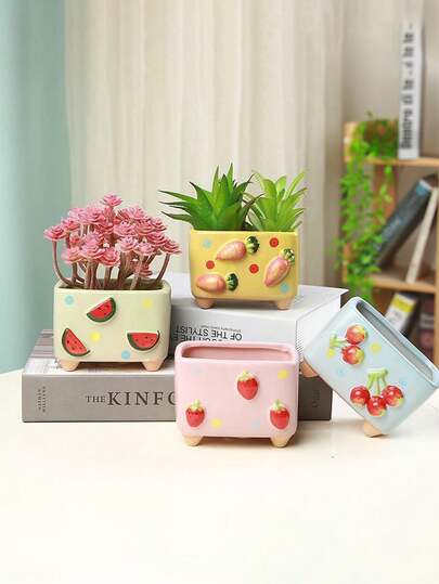 DIY Succulent Planter, Cute Fruit Print Flowerpot, Creative Cartoon Ceramic Planter, Simple Home Decor Flower Pot, Strawberry/Cherry/Watermelon/Carrot Handpainted Planter, Large Diameter Adorable Fruit Painting Cartoon Ceramic Flower Pot, Spring Planter, Balcony Decor, Cute Planter, Super Cute Plant Pot, Outdoor And Garden Supplies, Suitable For Garden/Bedroom/Windowsill/Hotel/Desk/Dining Table Decoration, Holiday Decor, Easter Gift, Easter Decoration, Great Gift, Adorable