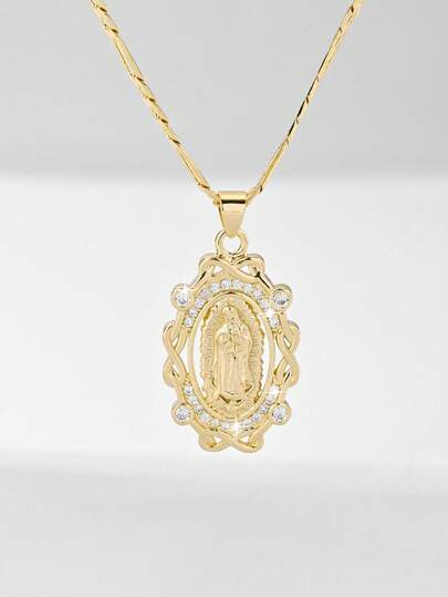 1pc Classic European Style Copper Inlaid Zirconia Flower Guadalupe Virgin Mary Pendant Necklace, Limited Edition. Suitable As Gift For Christmas, Thanksgiving, Halloween, Mother's Day, Valentine's Day, Friends, Godparents, First Holy Communion, Daily Wear And Prayer