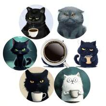 6pcs Set Insulated Wooden Coasters, Stylish Cat Pattern, Suitable For Home, Office And Party Drink Coasters, , Great Gift - Multicolor - View 4