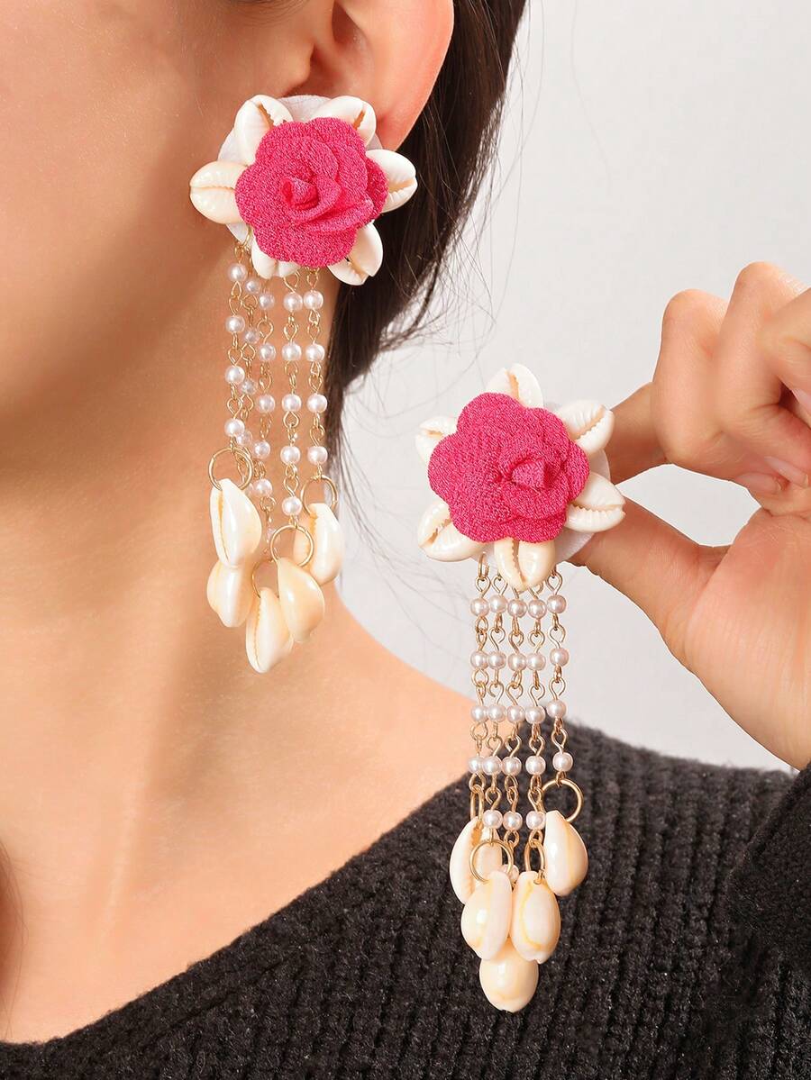 1 Pair Asian Boho Style Versatile Casual Multi-Element Rose, Seashell, Tassel Long Earrings - Multicolor - View 1