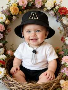 1 Pc A-Z Letter Sun Hat Toddler Boys Girls Bucket Hat Sun Protection Kids Bucket Hat Outdoor Hat Baby Bucket Hat With Chin Strap - Black - View 2