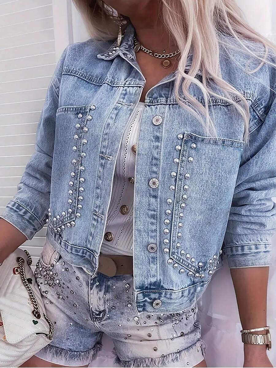 女士经典牛仔外套，饰有水钻，长袖，前襟纽扣，立领，常规版型，休闲春季款 - 淺色水洗藍 - 查看 1