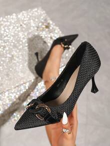 Women's Pointed Toe High Heel Pumps, Kitten Heel, Ankle Strap, Versatile For Party, Outdoor, Work, Buckle Decor, Breathable, Apricot Color - Black - View 7