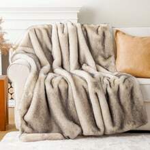 Luxury Fluffy Faux Fur Throw Blanket For Sofa Couch, Cozy Soft Plush Thick Blankets, Decorative Fur Throws With Long Pile & Brushed Tips, Home Decor - 奶油色&灰色 - 查看 3