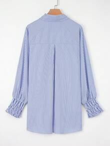 ASVIVID 扣式长袖条纹衬衫，时尚商务成熟女性风格，长袖上衣 - 水鴨藍 - 查看 3
