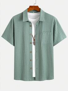 夏季男士纹理衬衫领短袖衬衫，度假风翻领纽扣休闲衬衫，男士精致短袖衬衫，简约优雅的办公室通勤衬衫，夏季海滩休闲衬衫，短袖衬衫采用衬衫领设计，凸显肩部线条，提升优雅气质，休闲男士服装，短袖衬衫搭配衬衫领，舒适百搭，打造夏季街头风 - 綠色 - 查看 6