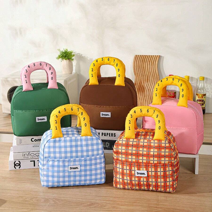 Color Block Plaid Insulated Lunch Box, Portable Thermal Bag, Essential For Students And Office Workers, Commuter Insulated Lunch Tote, Ice Pack, Large Capacity Handheld Student Portable Lunch Bag