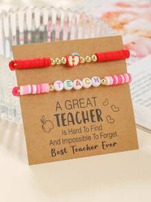 2pcs/Set Back To School "TEACH" Letter Beaded & Apple Shaped Polymer Clay Elastic Bracelet Set, Suitable For Gift Giving And Daily Wear - Multicolor - View 12