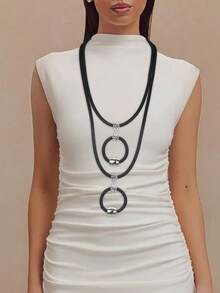 MARLIWOO 1pc Fashionable Hollow Geometric Layered Necklace, Minimalist Daily Jewelry For Women - Multicolor - View 1