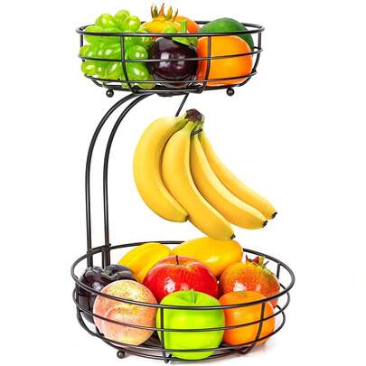 2 Tier Fruit Basket With Banana Hanger, Kitchen Countertop Rack, Metal Bowls Perfect For Holding Fruit, Vegetables, Snacks, Cupcakes (Black)