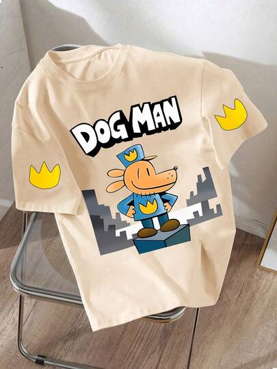 卡通狗狗印花休闲短袖T恤，适合春夏季节和开学季穿着，也适合户外、居家或旅行穿着。