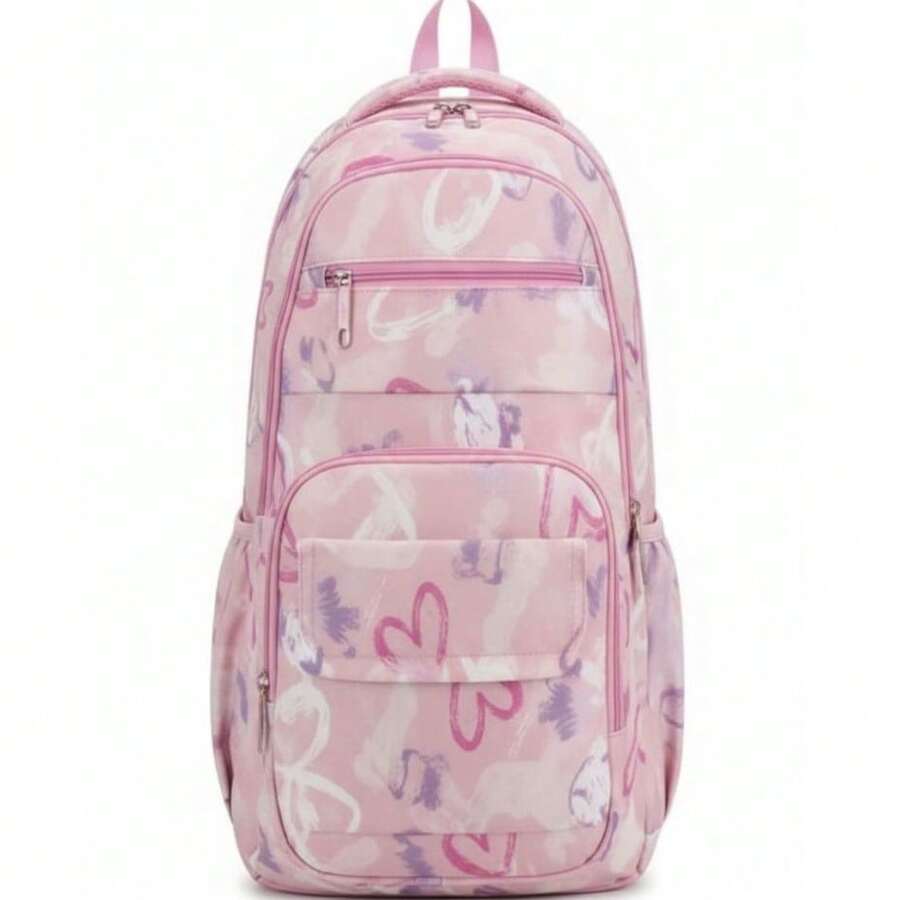 Girls' School Backpack, Reinforced Polyester Youth Bag - YT-9632 Pink With Heart - View 1