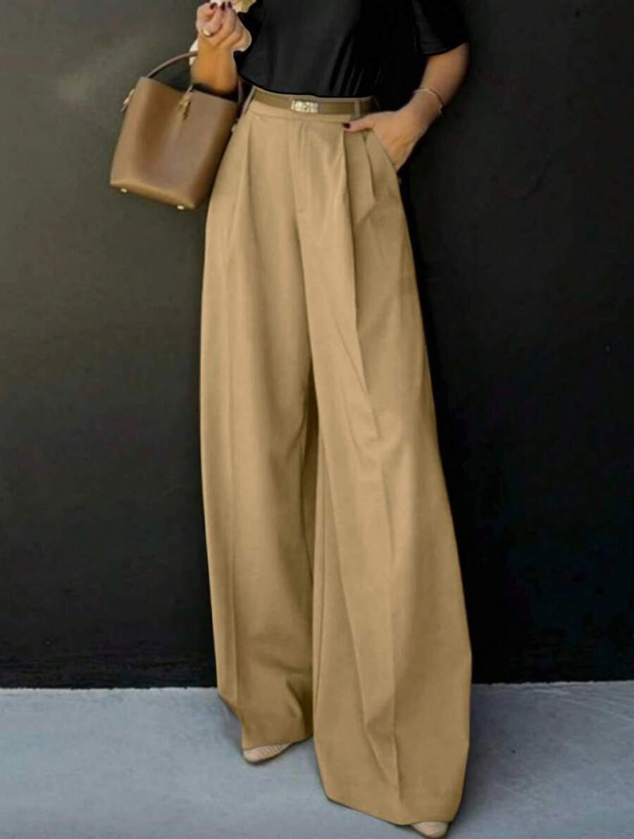 Straight-Leg, Wide-Legged Suit Trousers. Floor-Length. - Khaki - View 1