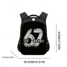 A Black Backpack With A 67 Pattern, A Cartoon Printed Pattern Large Capacity Backpack, Fashionable , A Spine-Protecting Shoulder Strap, And A Strip Design. Suitable For Students To Use, Back To School Season, Gifts. - A - View 2