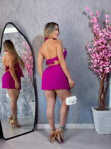 Macaquinho feminino tecido Poliéster Nó Costas nuas / sem costas Assimétrico - Violeta - Visão 3