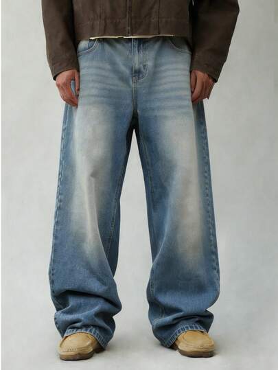 Herren hellblaue Washed aussehende Jeans, Farbverlauf locker geschnittene gerade Beine Weite Hose, amerikanischer lässiger Y2K Stil, geeignet für Outdoor-Aktivitäten und Lässig