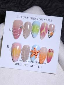 10片装杏仁形3D手工雕刻海星贝壳图案美甲贴片，可爱趣味，适合节日、四季美甲，美甲用品。 - 彩色 - 查看 10