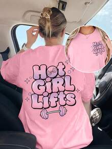 Women's Pink "Hot Girl Lifts" Graphic Print T-Shirt - Regular Fit Short Sleeve Top, Machine Washable, Casual Activewear, Women's Fitness Tee Summer - Pink - View 1